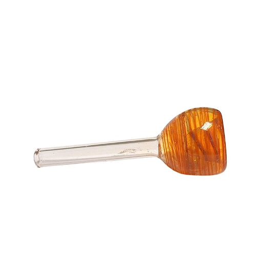 Clear glass pipe bowl with amber swirl design on a white background