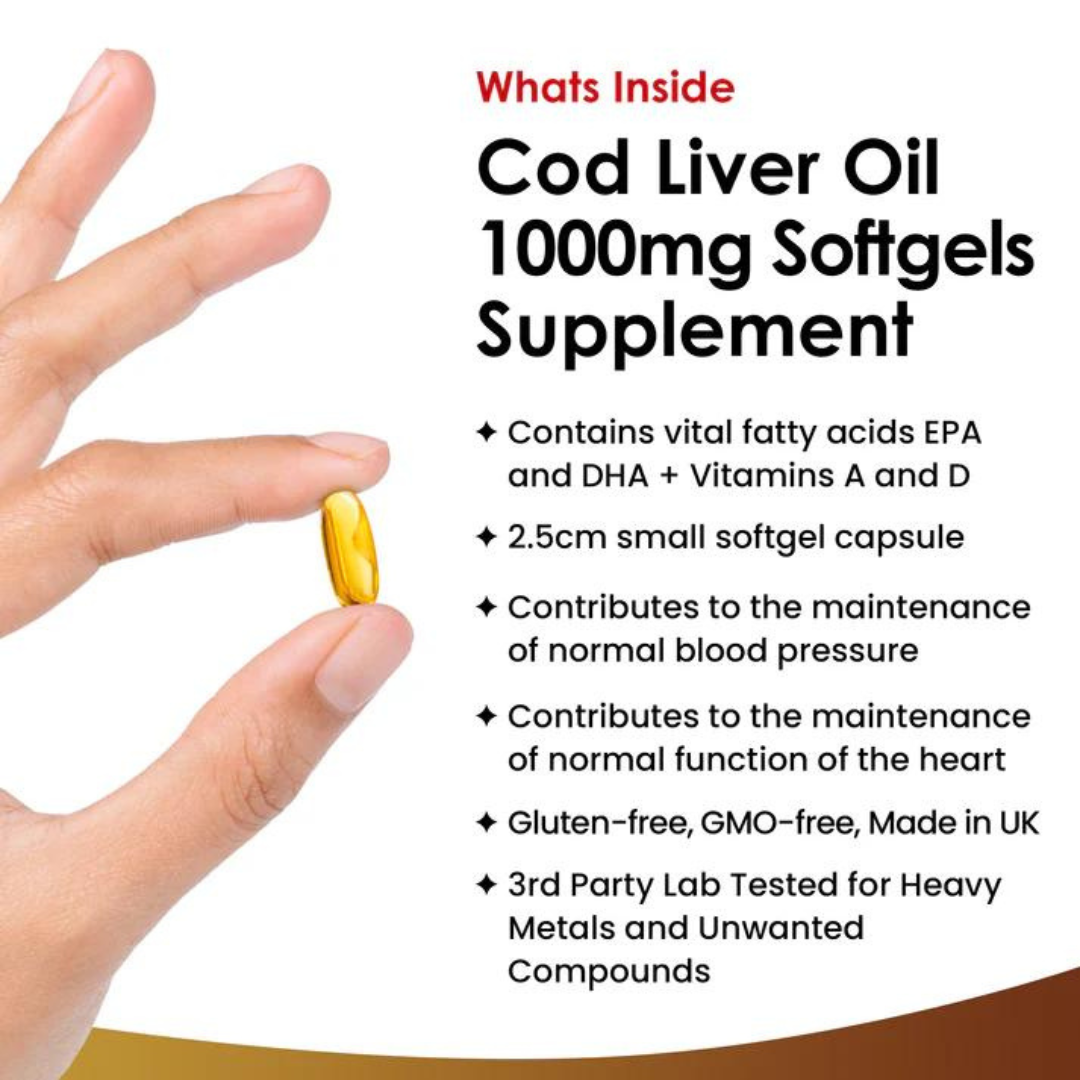 Cod Liver Oil Capsules 1000mg - Rich in Omega 3 EPA DHA Fatty Acids + Vitamins A & D