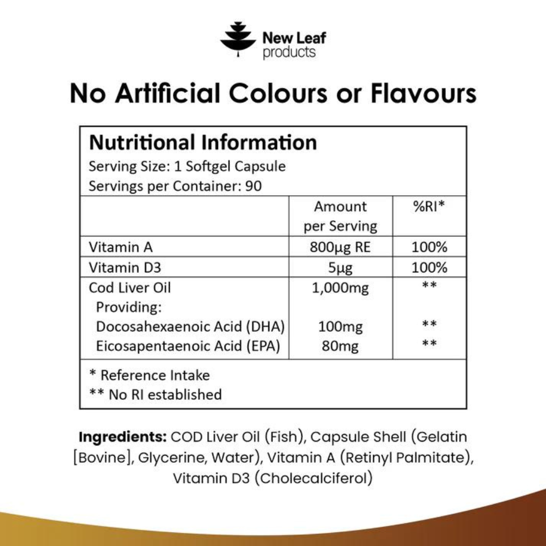 Cod Liver Oil Capsules 1000mg - Rich in Omega 3 EPA DHA Fatty Acids + Vitamins A & D