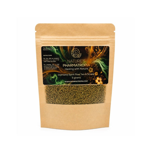 Natures Pharmatropia Damiana Spirit Flow Teas and Smoke blend with packaging on a white background
