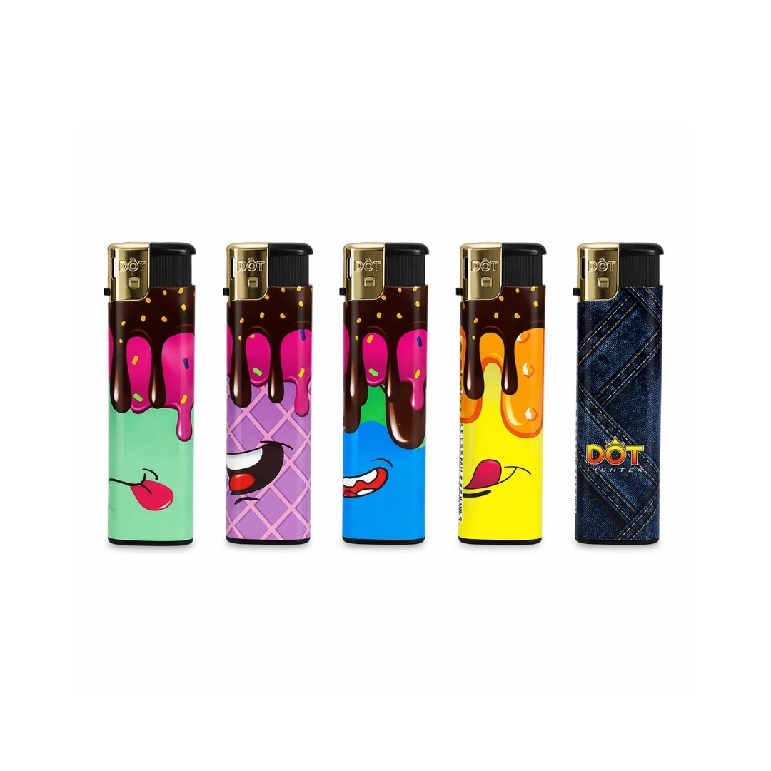 Five colourful lighters with smiley animation designs on a white background