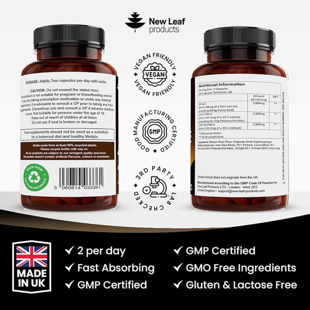 New Leaf Shilajit, Sea Moss & Lions mane Capsules 2 month