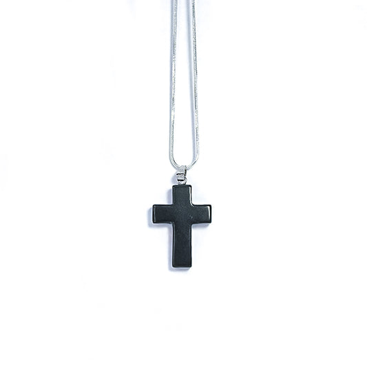 Black Obsidian Cross Pendant with silver necklace 