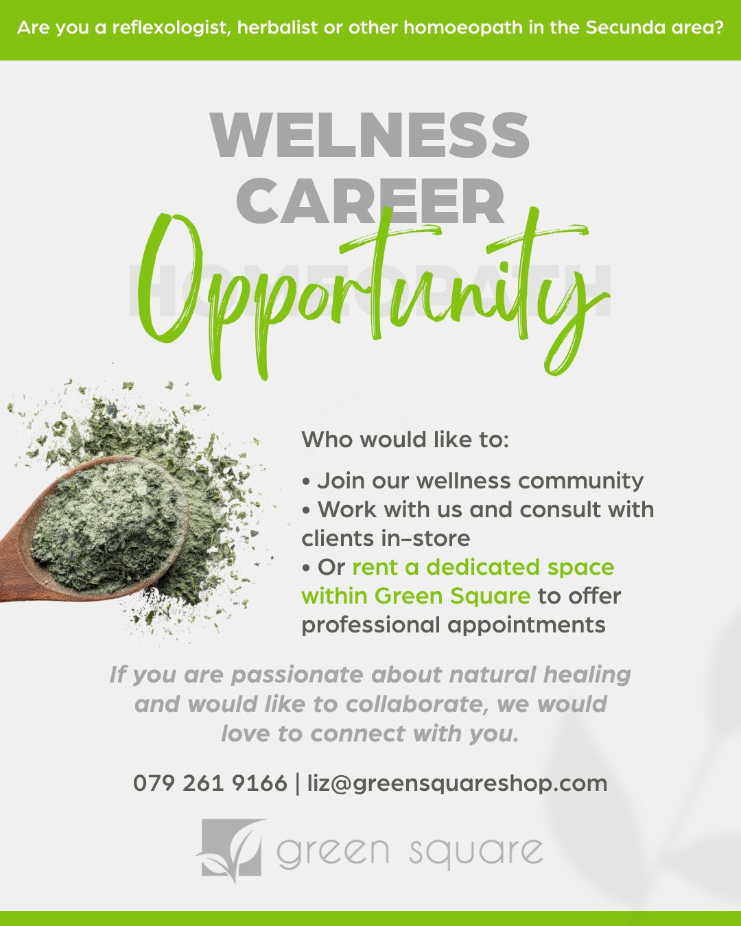 Wellness Career Opportunity at Green Square, Secunda