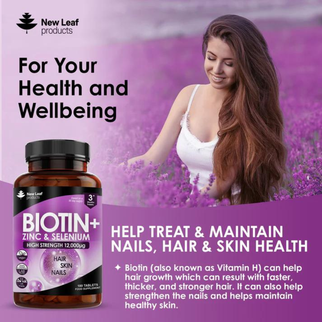 Biotin Hair Growth Vitamins 12,000mcg - Enriched with Zinc & Selenium