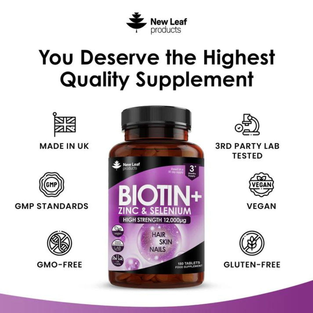 Biotin Hair Growth Vitamins 12,000mcg - Enriched with Zinc & Selenium