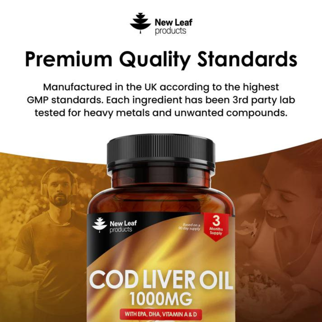 Cod Liver Oil Capsules 1000mg - Rich in Omega 3 EPA DHA Fatty Acids + Vitamins A & D