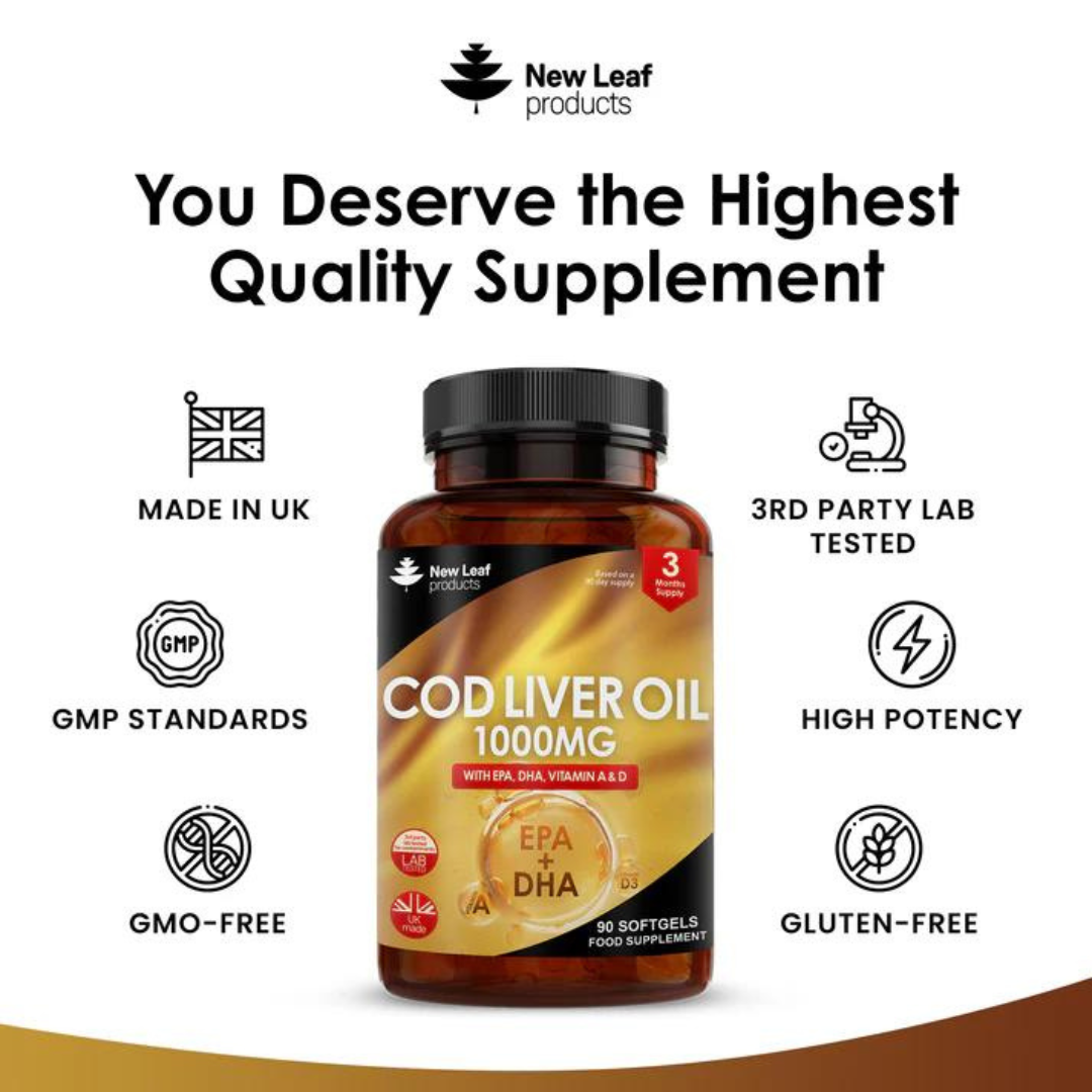 Cod Liver Oil Capsules 1000mg - Rich in Omega 3 EPA DHA Fatty Acids + Vitamins A & D