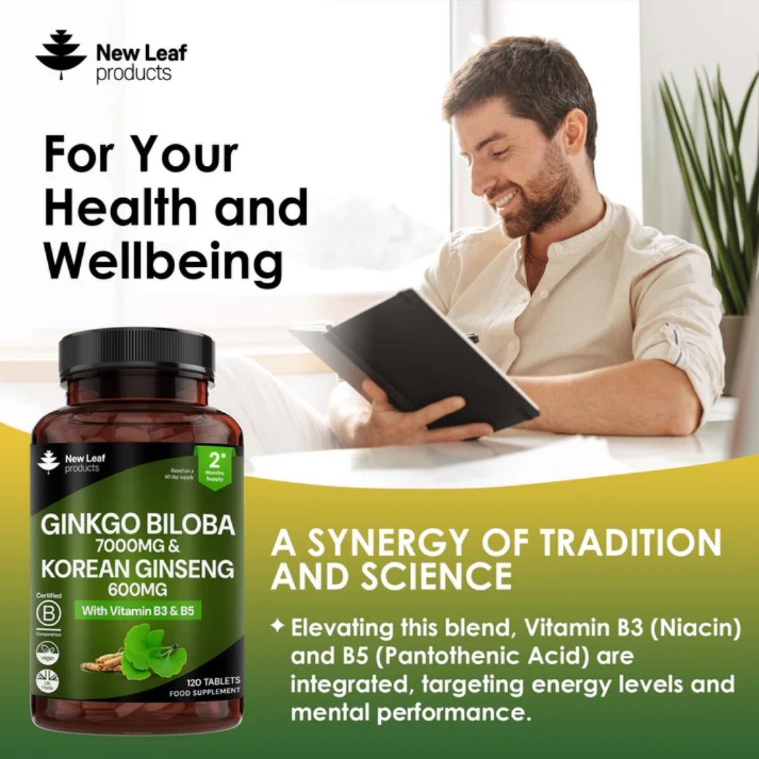 Ginkgo Biloba 7000mg & Korean Ginseng 600mg Tablets with Vitamin B3 & B5