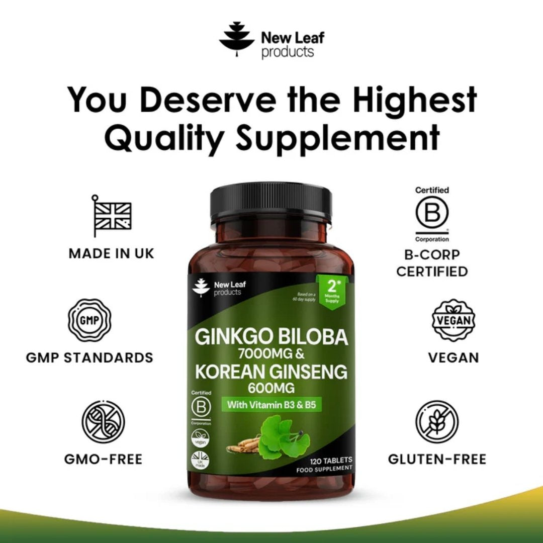 Ginkgo Biloba 7000mg & Korean Ginseng 600mg Tablets with Vitamin B3 & B5