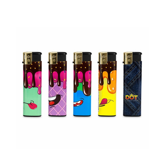 Five colourful lighters with smiley animation designs on a white background