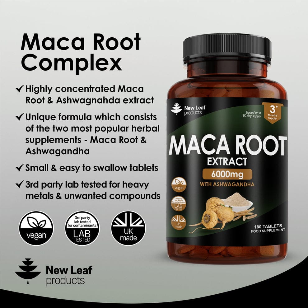 Maca Root 6000mg With Ashwagandha – 100% Peruvian Black Maca Root 180 Tablets