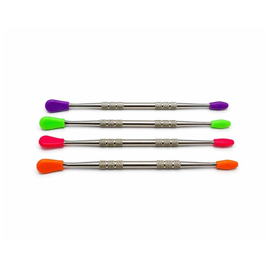 Four different coloured silicon dab spoons with metal shafts on a white background