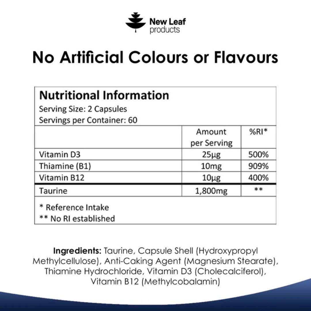 Taurine Capsules 1800mg with Vitamins B1, B12, D3