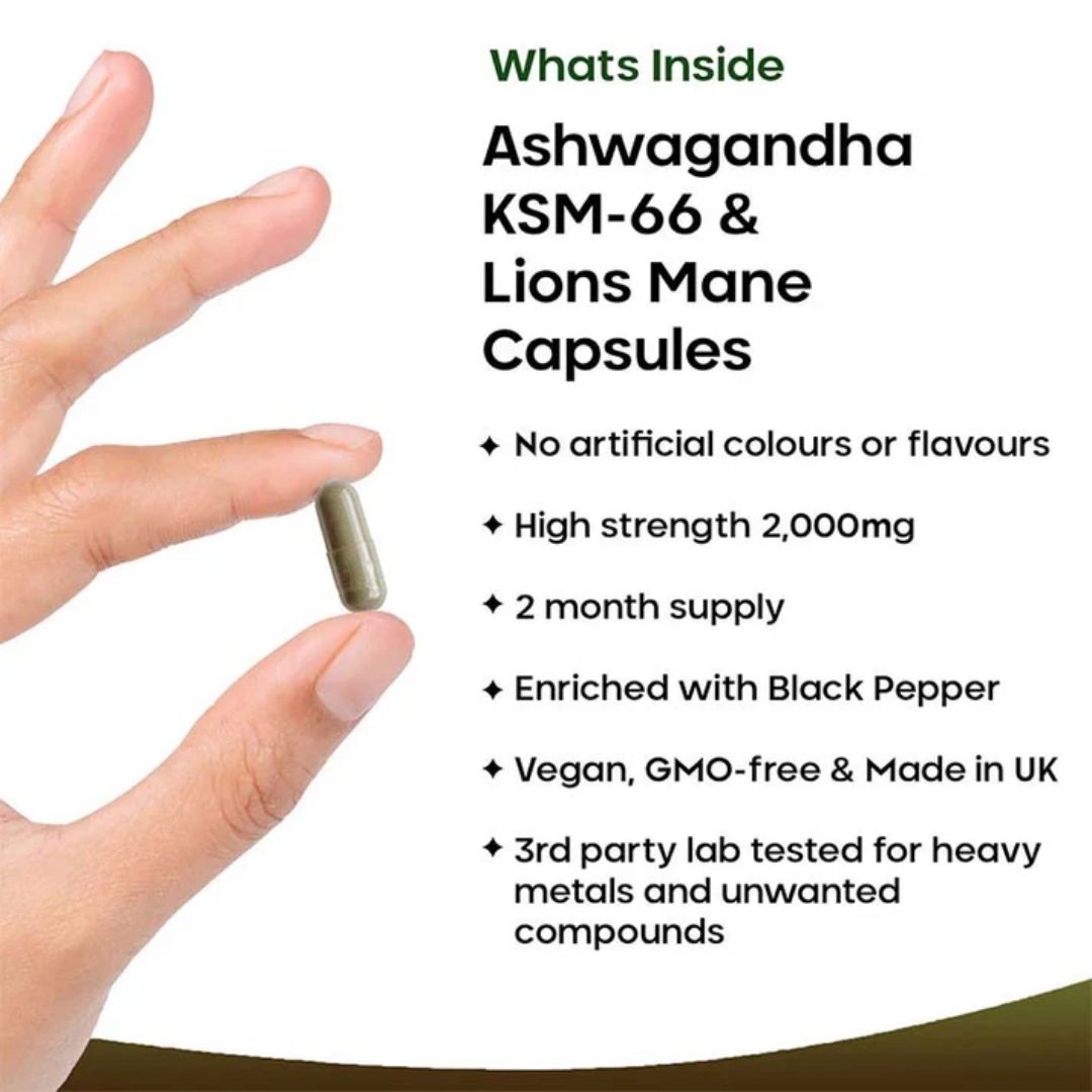 Ashwagandha KSM-66 & Lions Mane High Strength Capsule - 2 Months Supply