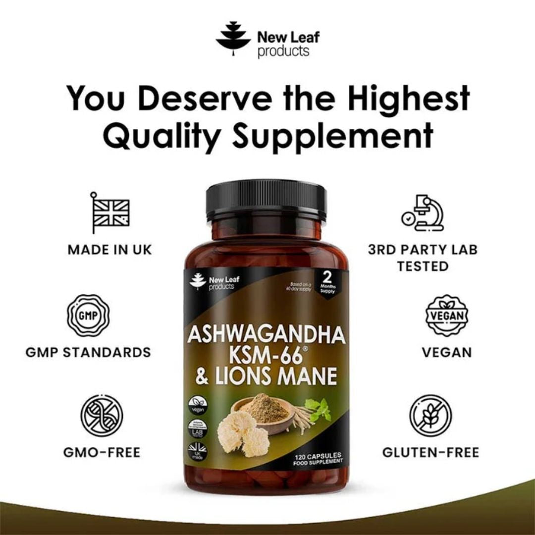Ashwagandha KSM-66 & Lions Mane High Strength Capsule - 2 Months Supply