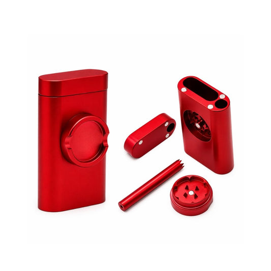 Red metal smoking accessory set with grinder and one-hitter on a white background