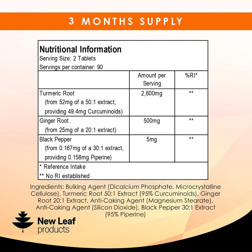 Turmeric Supplements Ginger & Black Pepper Turmeric Tablets 95% Curcumin -3 month supply