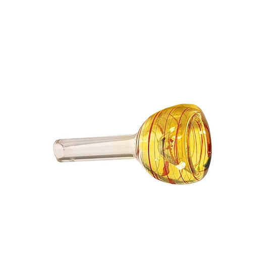 Clear glass pipe bowl with a yellow spiral design on a white background