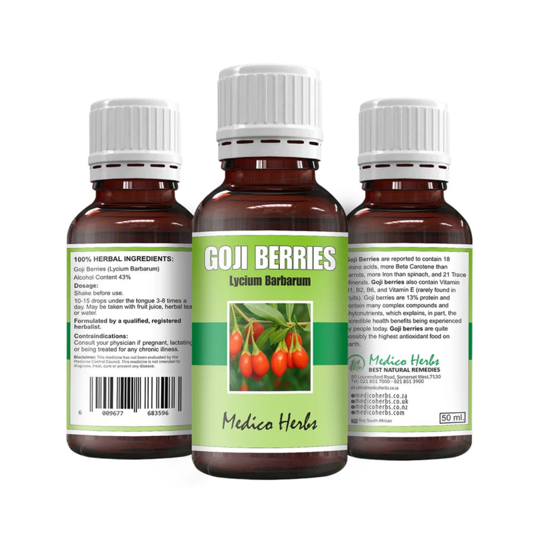 Medico Herbs Goji Berries (Lycium Barbarum) oral drops 50ml bottle display with front and back labels