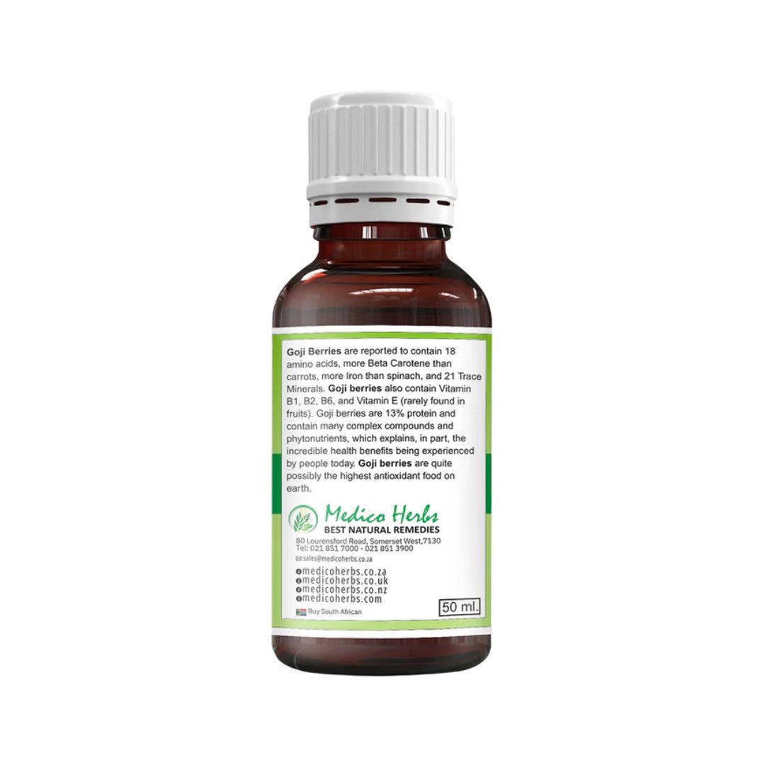 Medico Herbs Goji Berries (Lycium Barbarum) oral drops 50ml bottle with benefits label